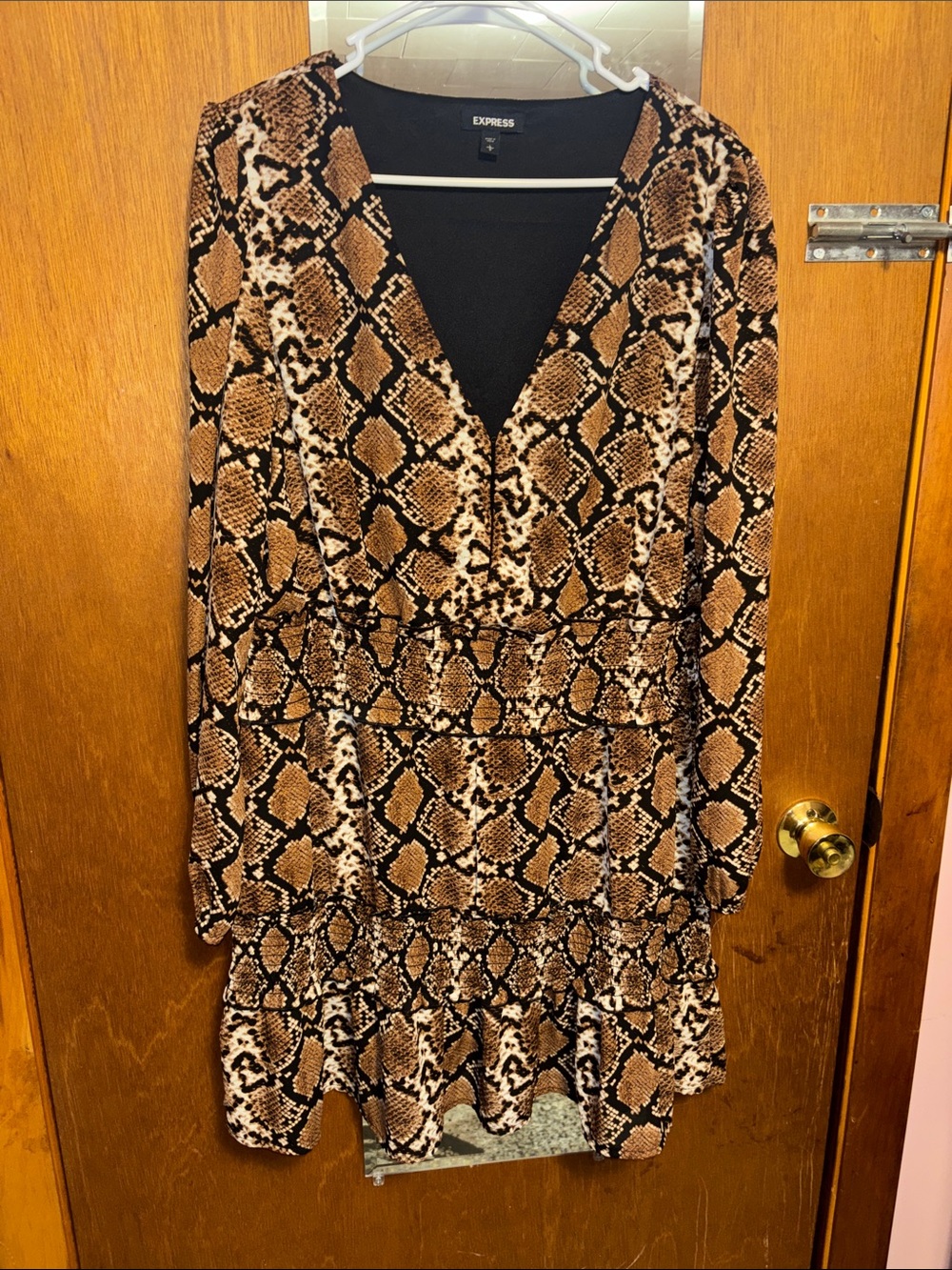 Express Brown Snake-Print Long Sleeve Tiered Dress